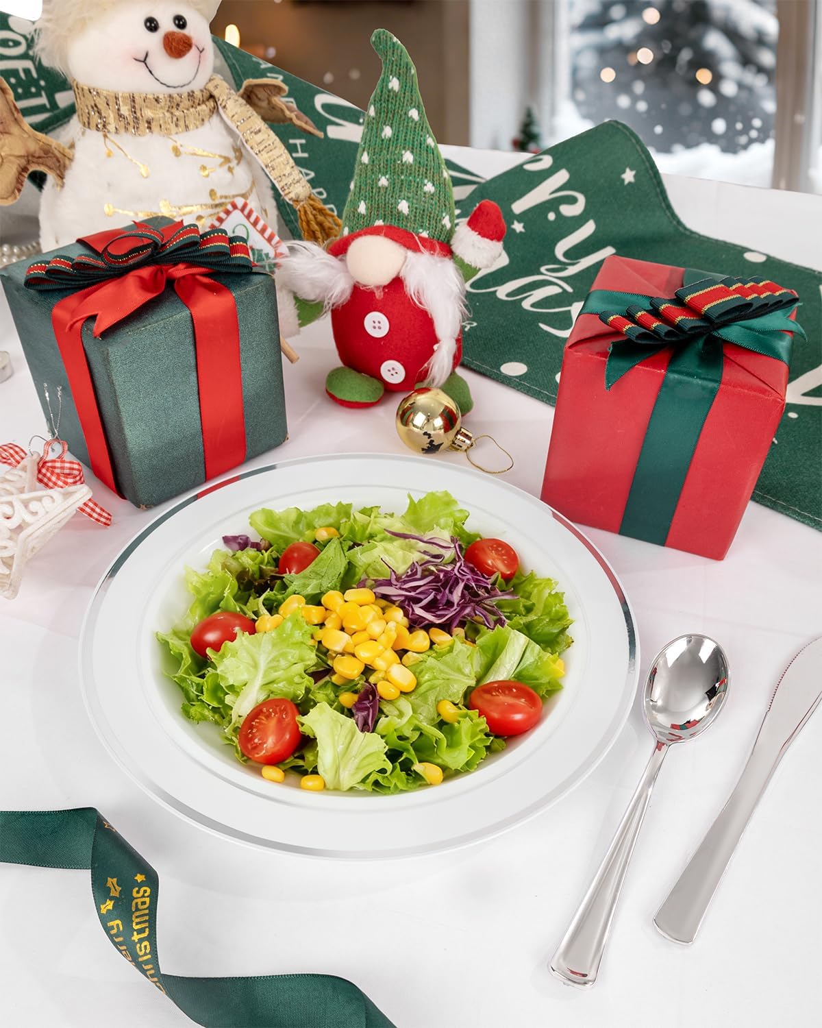 175PCS Sliver Plastic Plates - Christmas Plates Disposable - White Plate with Silver Trim 25Guests Plastic Dinnerware Sets with Rolled Napkins for Wedding/Birthday/Christmas