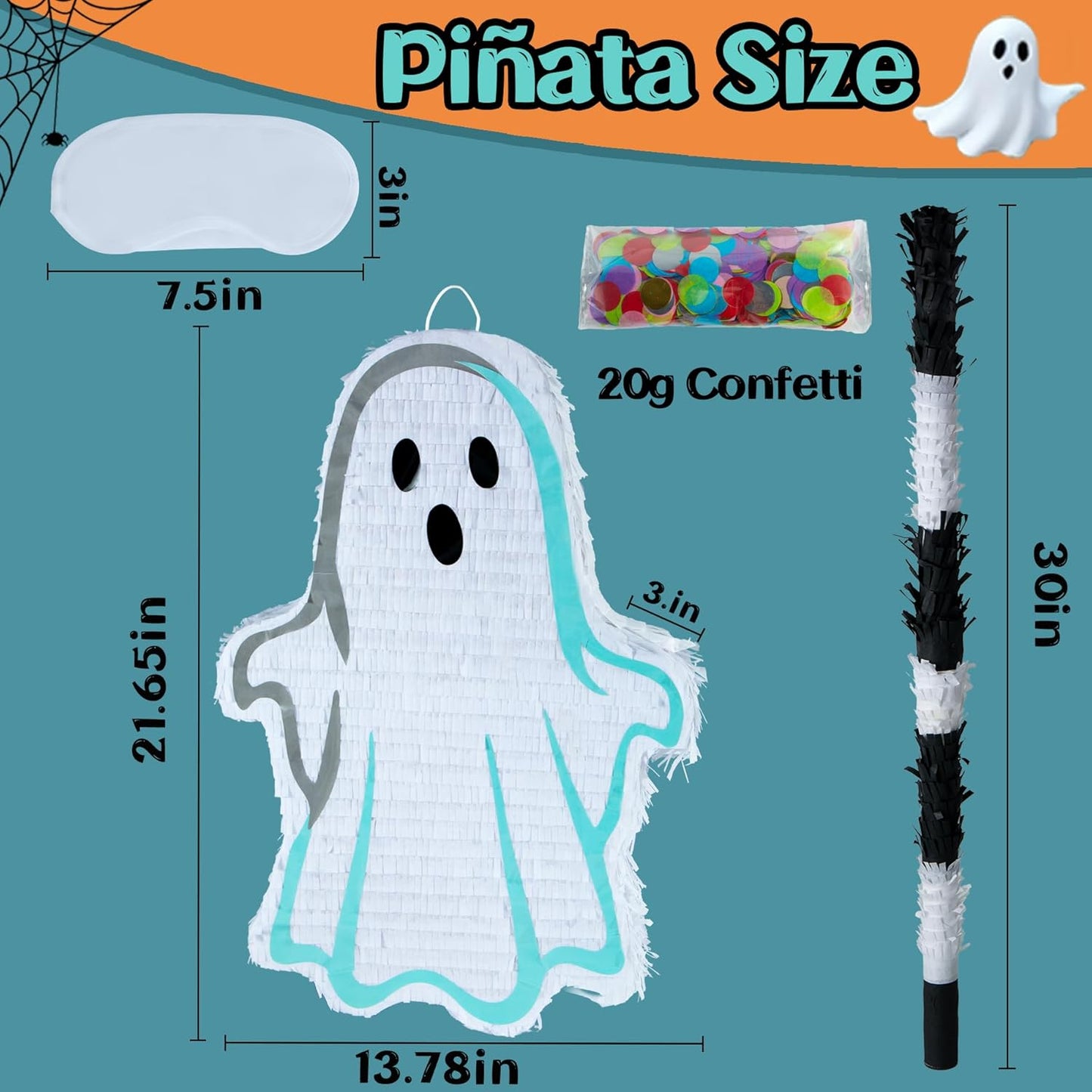 PCFING 21.6 Inch Halloween Ghost Piñata with 30 Inch Piñata Stick Blindfold Confetti for Boy Girl Adults Halloween Scary Party Decorations，Candy Game，Trick Treat Party