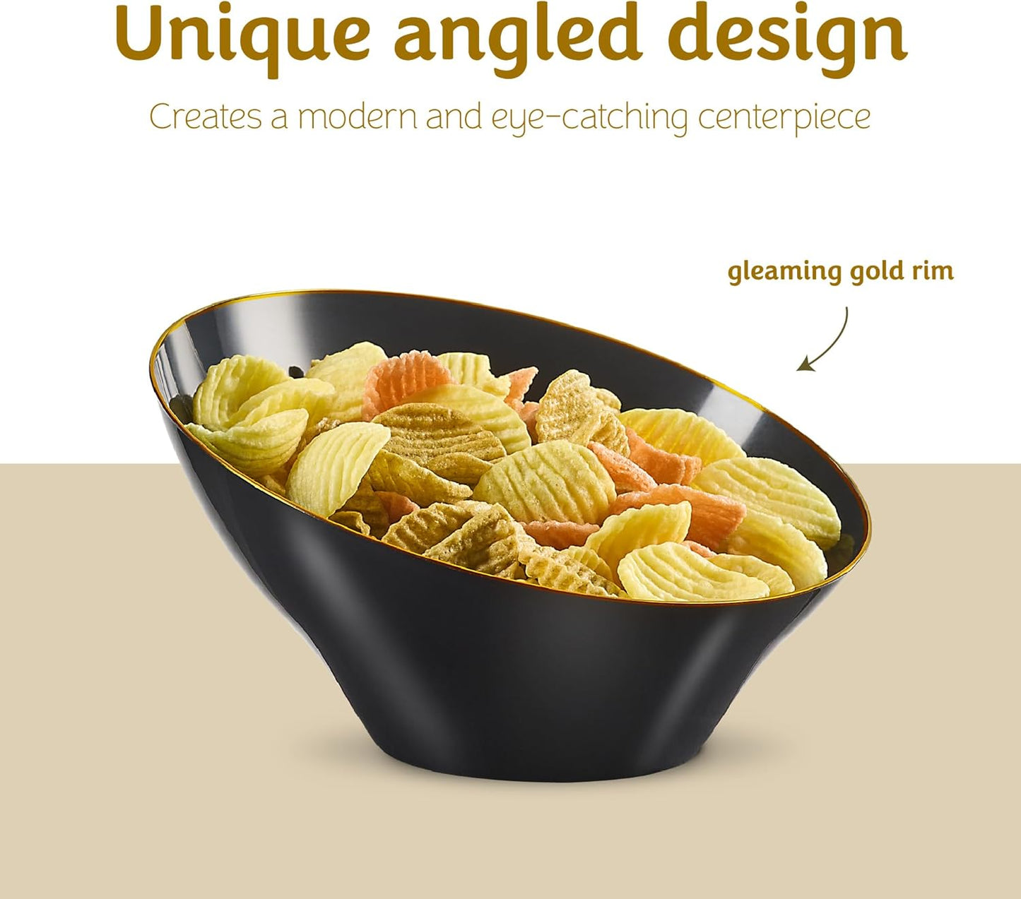 PLASTICPRO Angled Plastic Bowls Disposable Medium Plastic Black Serving Bowls with Gold Rim for Party for Appetizer Salads Pack of 4