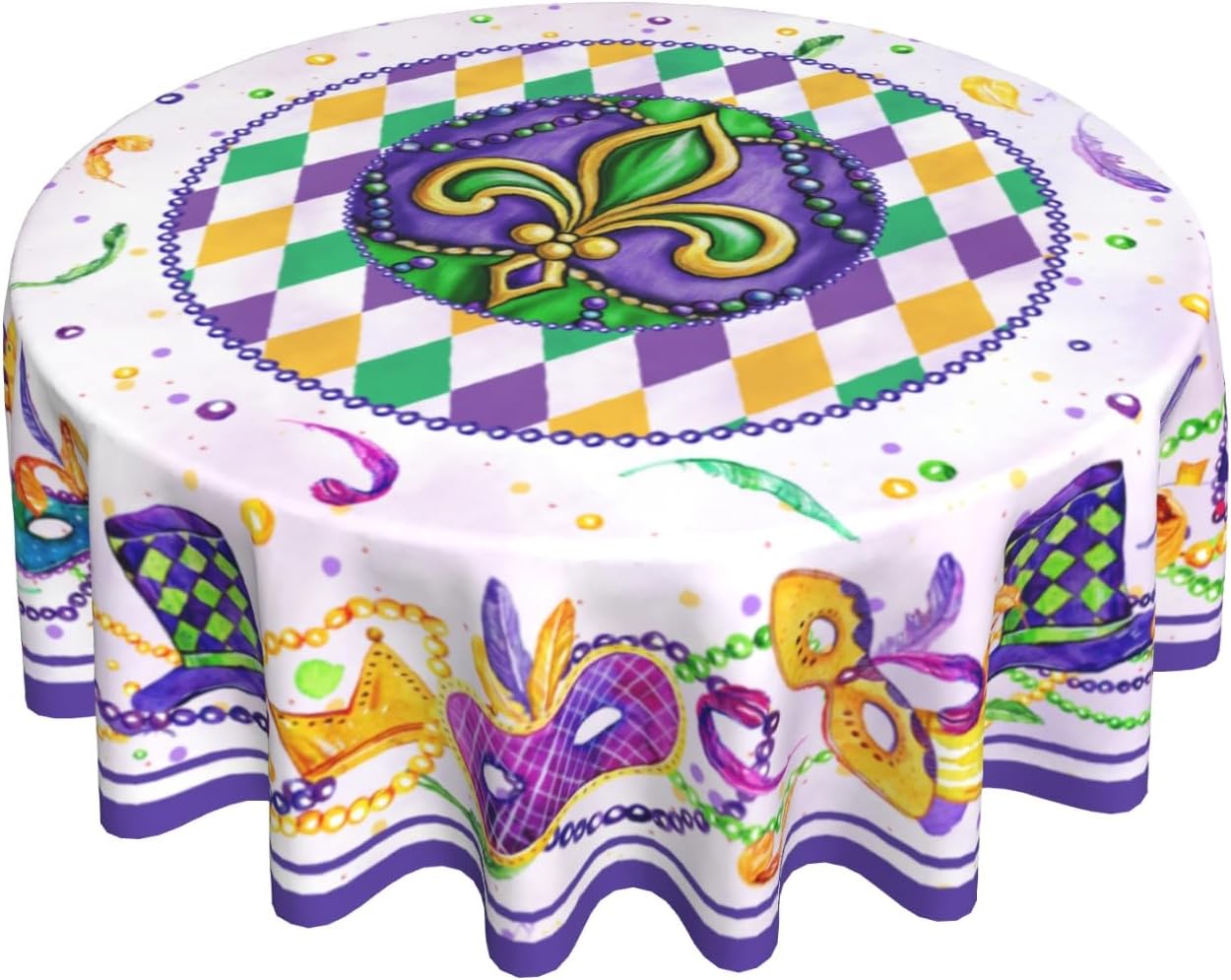 Giwawa Mardi Gras Round Tablecloth 60Inch, Carnival Festival Masquerade Party Celebration Table Cover, Mask Beaded Feather Checkered Table Cloth Washable for Kitchen Dining Holiday Picnic Decor