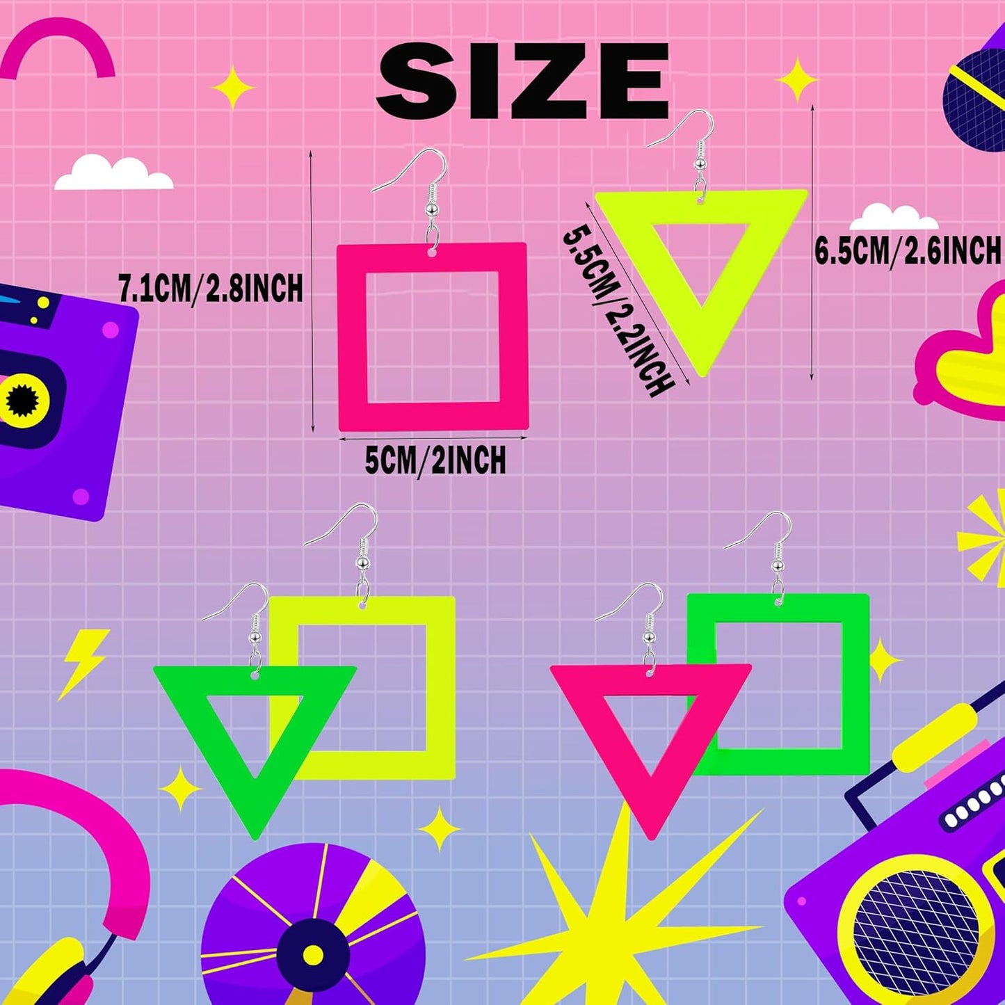 80s 90s Neon Earrings for Women Retro Cassette Tape Hoop Earring Candy Color Lightweight Acrylic Stud Dangle Earrings for 80S Costume Outfits Dancing Glow Party Accessories