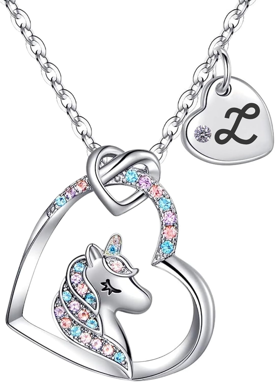 Unicorn Necklace for Girls Kids with Personalized Initial Heart Pendant, 18K Gold Fashion Jewelry for Girls, Colorful Heart Necklace for Birthday Gifts.