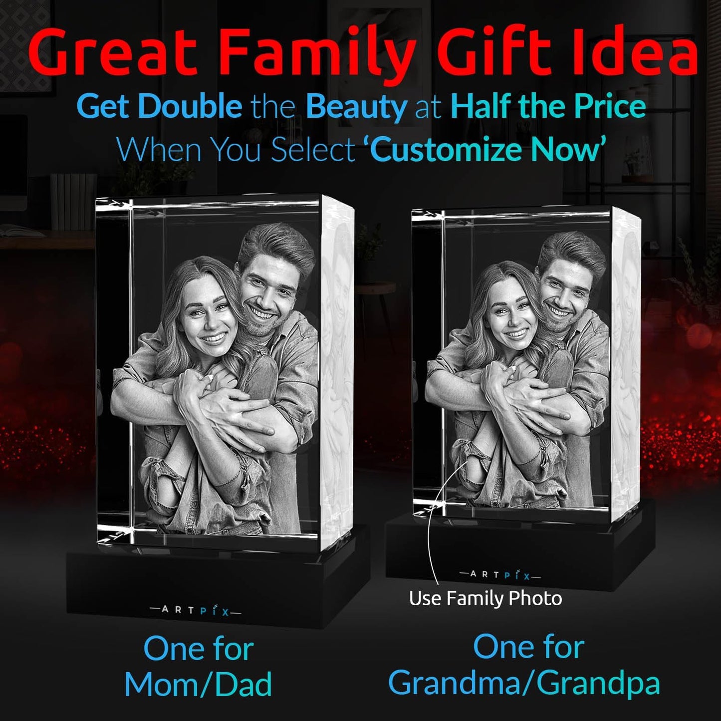 ArtPix 3D Crystal Photo, Christmas Personalized Gifts for Women, Wife, Her, Him, Men, Husband, Grandma, Great Xmas Customized Gift With Your Own Photo, Custom Glass 3D Laser Etched Picture Wedding