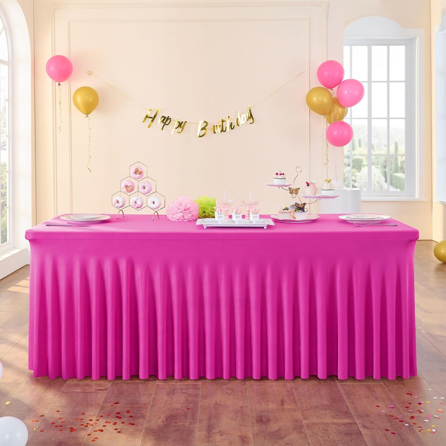 6ft Hot Pink Spandex Tablecloths for Rectangle Tables, 4pk Stretchy Table Cloths Fitted Tablecover 6 Foot Fuchsia Desk Skirt for Weddings Birthday Party Banquet Baby Shower