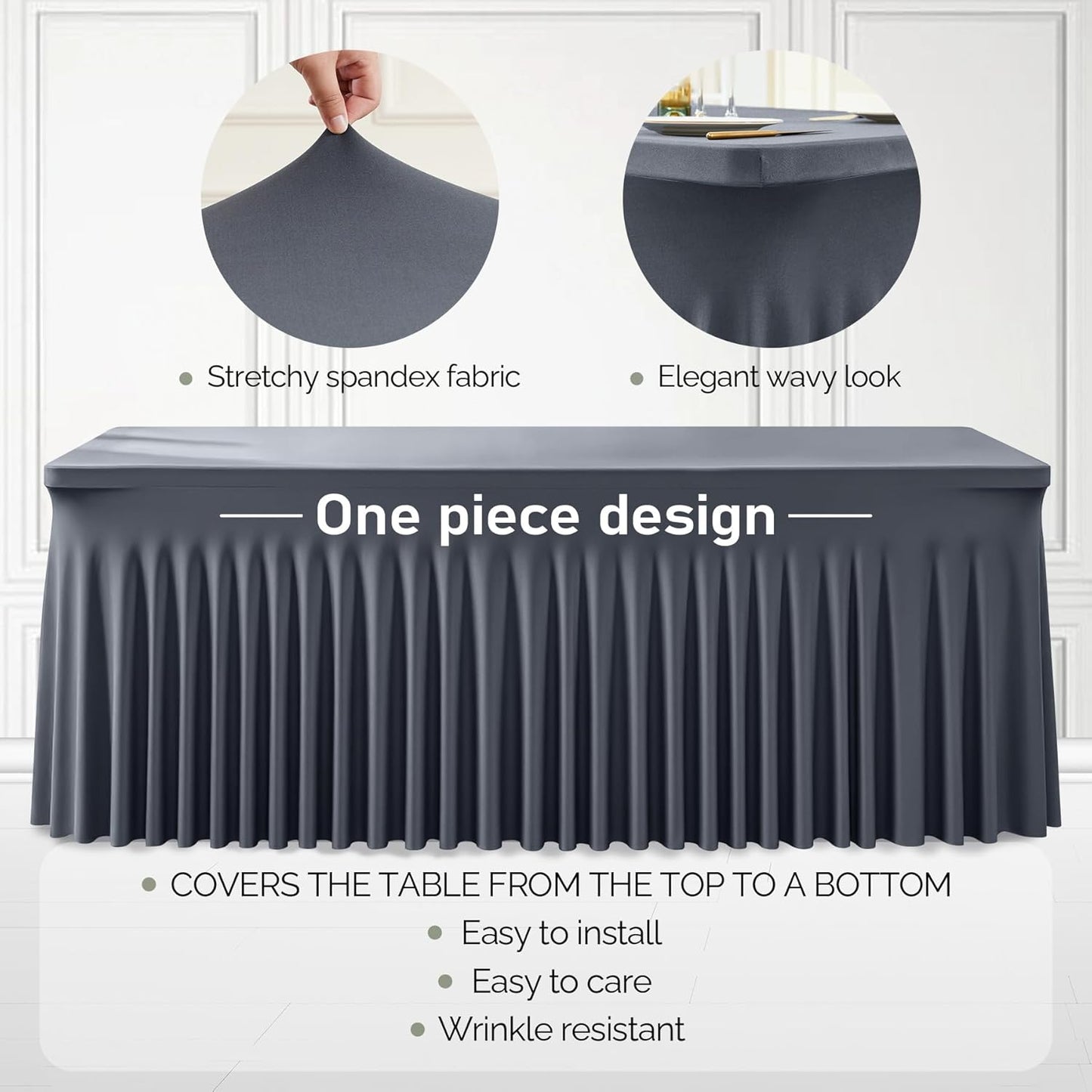1 Pack Grey Table Clothes for 4 Foot Rectangle Tables, One-Piece Wrinkle Resistant Stretch Spandex Table Covers with Skirt for Event Banquet Wedding Birthday Party