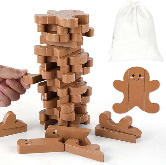 Tower Stacking Game Winter Christmas Family Reunion Games Gingerbread Man Wooden Blocks Tumbling Tower and Balancing Game for Adults Team Building Friends Group Coworkers Games Fun Party Activities