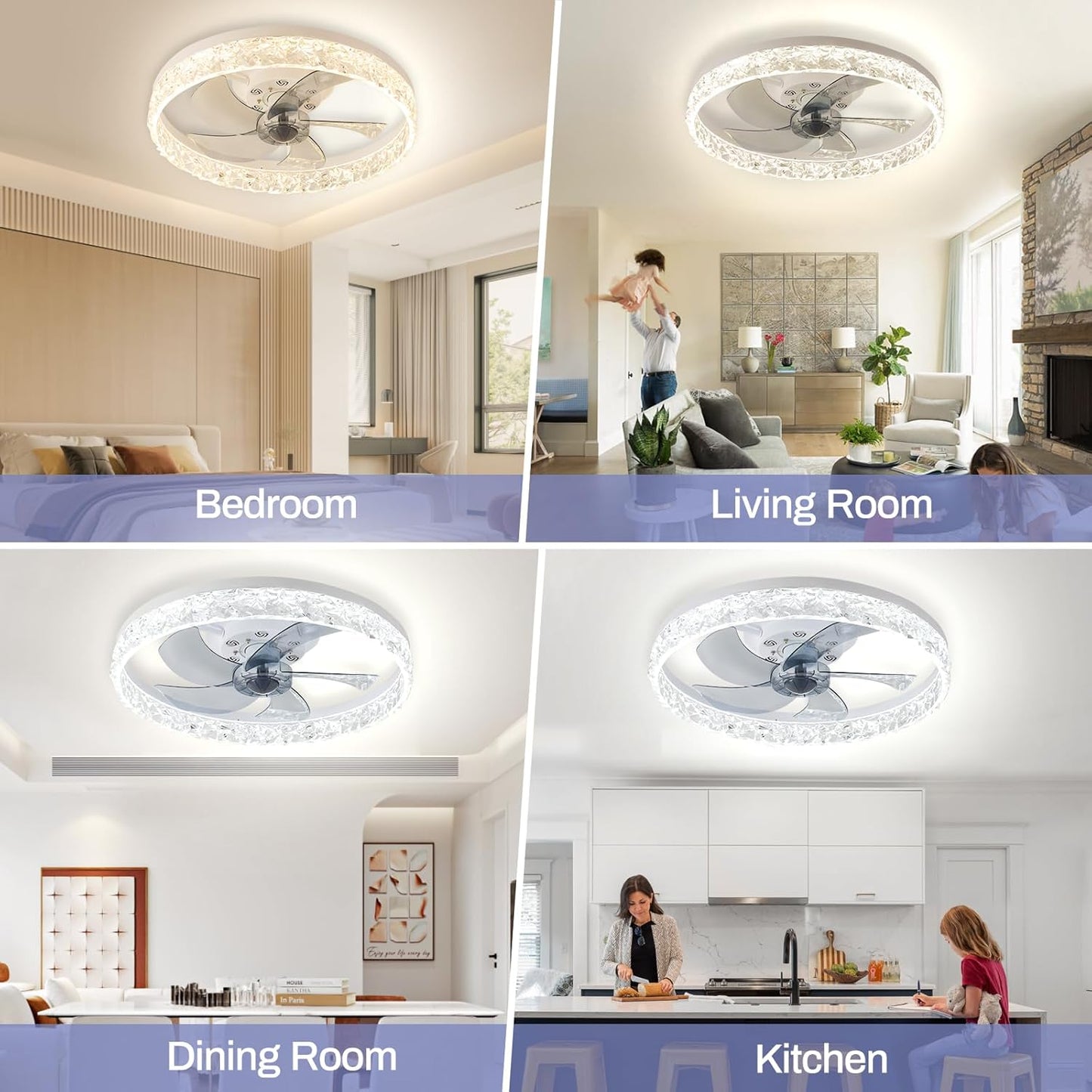 20" Modern Low Profile Ceiling Fan with Light Bedroom LED Ceiling Fan with Remote Control, Bladeless Flush Mount White Fan Lights Ceiling Fixtures for Living Room 3000K-6500K Fan Light