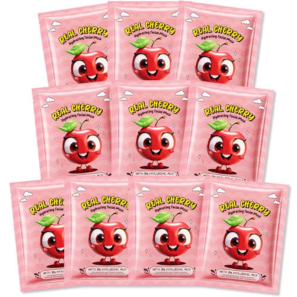 Kaely 10 Pack Cherry Face Masks for Kids, Kids Face Mask Spa Day Kit Supplies, Spa Party Favors for Teens Girls Women, Sheet Facial Mask Skincare Gifts Set, Moisturize Soothe for All Skin Types, 06