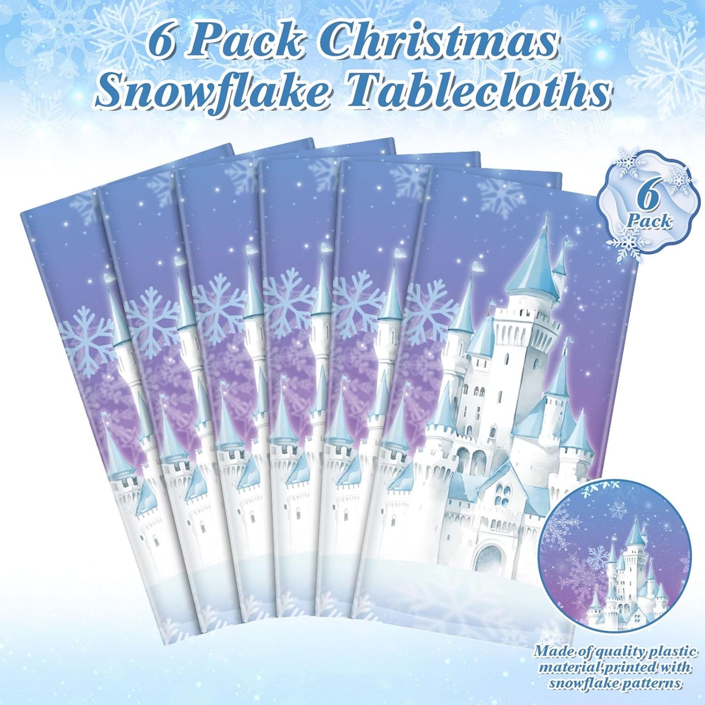 6 Pack Winter Snowflake Plastic Tablecloths, 54 x 108 Inch Frozen Tablecloth Blue and Purple Snowflakes Table Cover, Winter Wonderland Table Cloth for Christmas New Year Holiday Party Supplies Decor