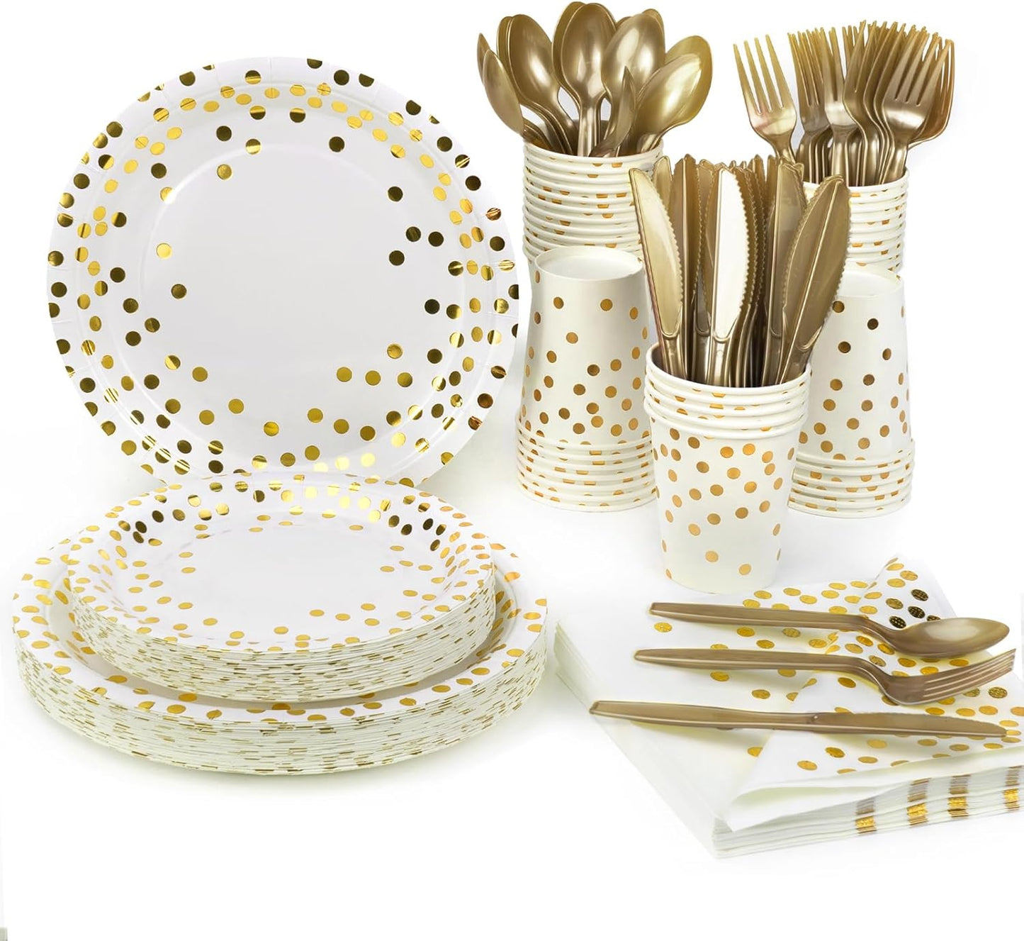 Party Supplies Set - 280 Pieces of White and Gold Dot Paper Plates, Cups, Napkins, and Heavy Duty Silverware for 40 Guests for Birthdays, Graduation, Wedding, Festivals