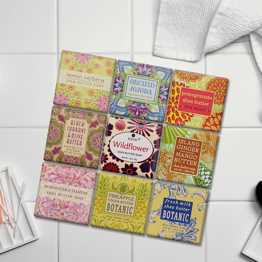 Jolitee French Milled Botanical Soap Sampler Set of 9 - Individually Wrapped Vegetable-Based Mini Soaps with Essential Oils, Shea Butter, and Natural Extracts (Floral Favorites - White Box)