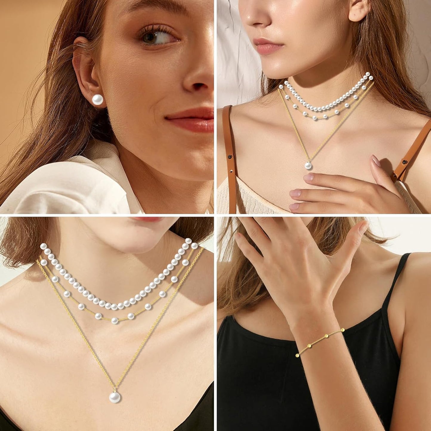 Pearl Jewelry Set for Women Faux Pearl Costume Jewelry Set with Necklace, Bracelets, Ring, Earrings for Wedding Bridal Birthday Tea Party