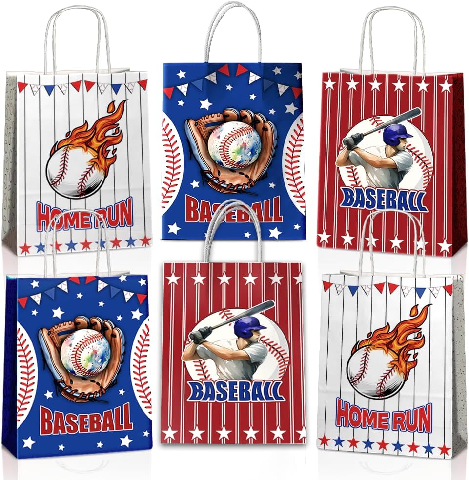 JOYGATHER 24 Pcs Baseball Goodie Bags with Handles, Baseball Party Favors Gift Candy Treat Snack Paper Bags with 3 Different Types for Birthday Party Supplies Decorations