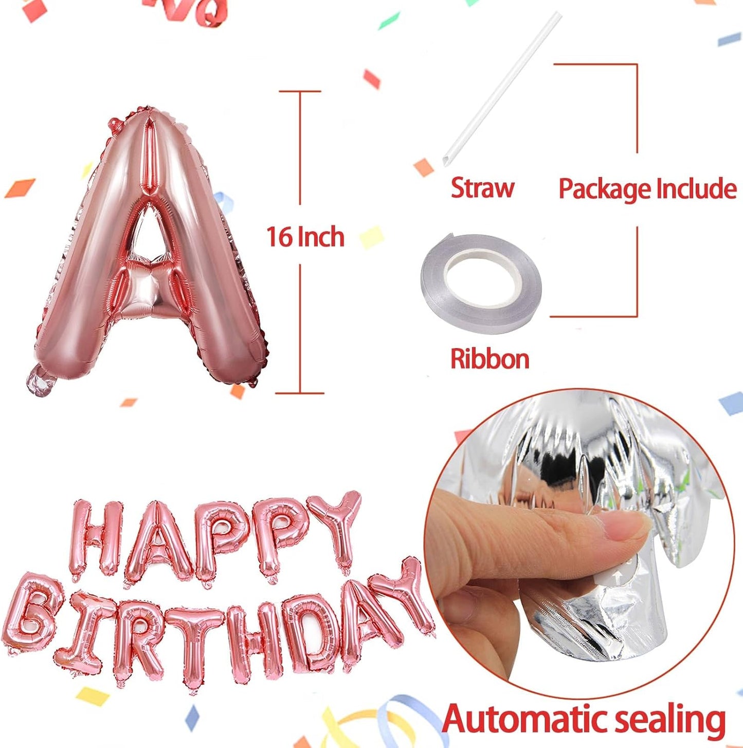 KALOR Rose Gold Happy Birthday Balloons Banner, 16 Inch Mylar Foil Letters Balloon Sign for Women, Men, Boys & Girls Kids Birthday Decorations Photo Backdrop