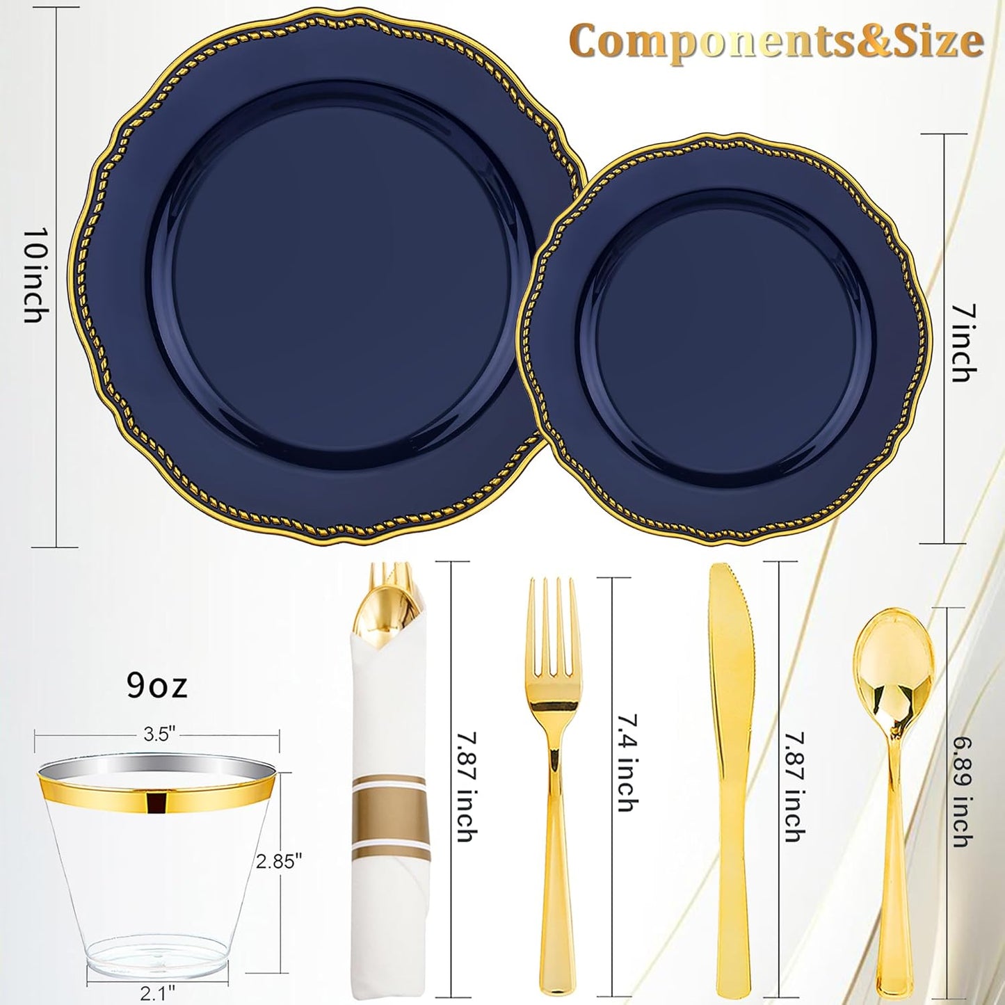 Hioasis 175pcs Blue Gold Plastic Plates - Gold Plastic Dinnerware Set Includes 25 Dinner Plates, 25 Dessert Dinnerware, 25 Cups, 25 Napkins Perfect for Wedding & Party