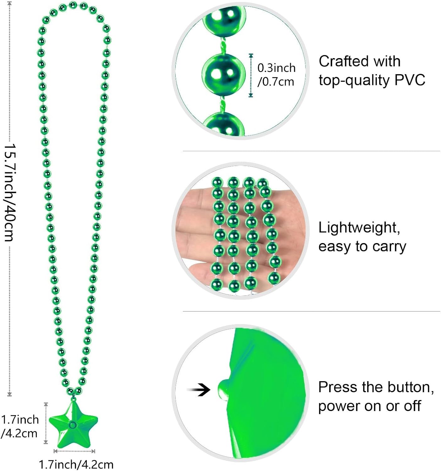 6 Pack Green LED Glow Star Necklace Bulk Beaded Necklaces for Christmas Decorations Mardi Gras Party Favors