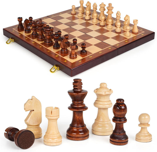 Wooden Magnetic Chess Set –15-Inch Foldable Wooden Chess Board with Magnetic Pieces, Portable Travel Chess Set for Adults and Kids, Classic Board Game with 2 Extra Queen