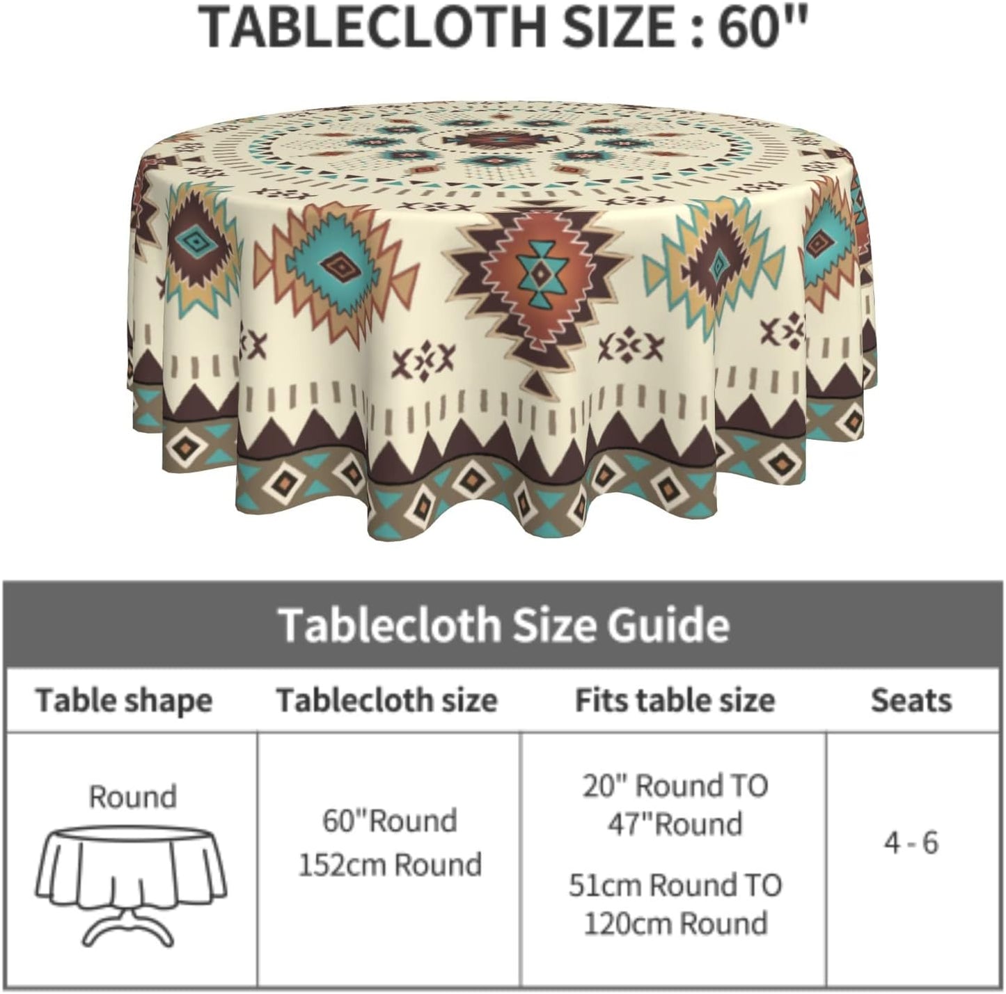 Giwawa Aztec Southwestern Round Tablecloth 60" Ethnic Tribal Geometric Design Vintage Style Circle Table Cloth Boho Chic Washble Table Cover for Dinning Kitchen Farmhouse Party Decoration