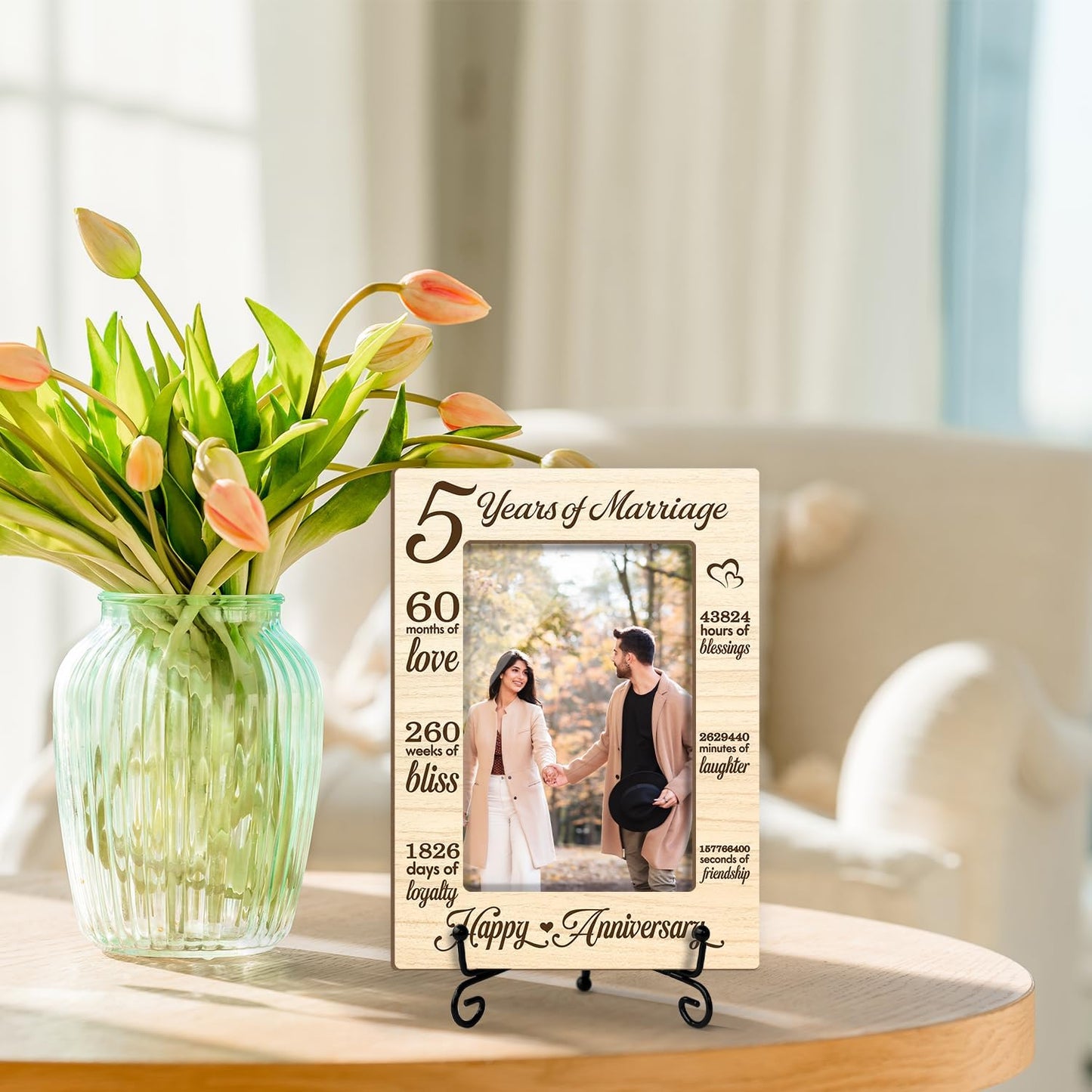 5 Years of Marriage Picture Frame, 5th Anniversary Wedding Valentines Gifts For Husband Wife Couple, 4x6 Wooden Picture Frame Tabletop Display Home Decor -03