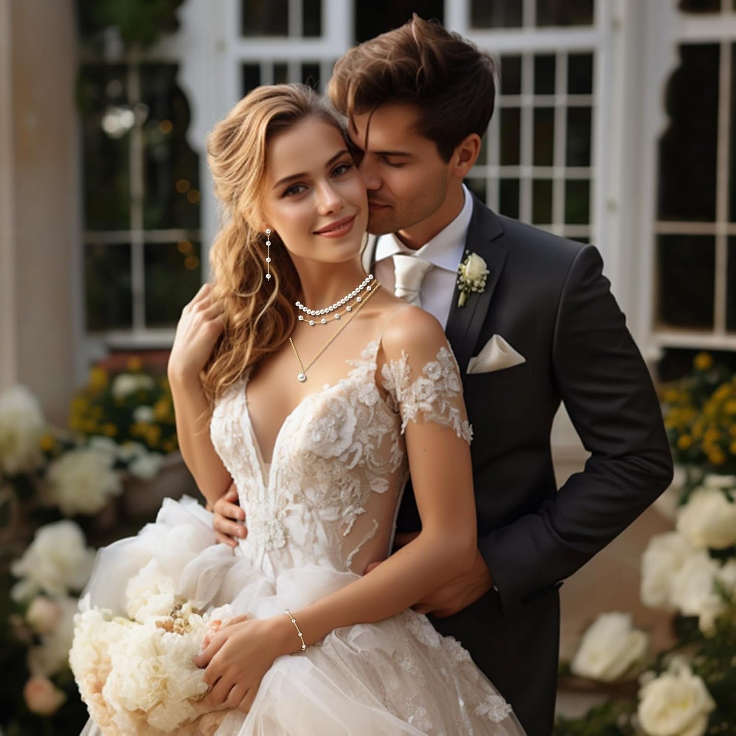 Pearl Jewelry Set for Women Faux Pearl Costume Jewelry Set with Necklace, Bracelets, Ring, Earrings for Wedding Bridal Birthday Tea Party