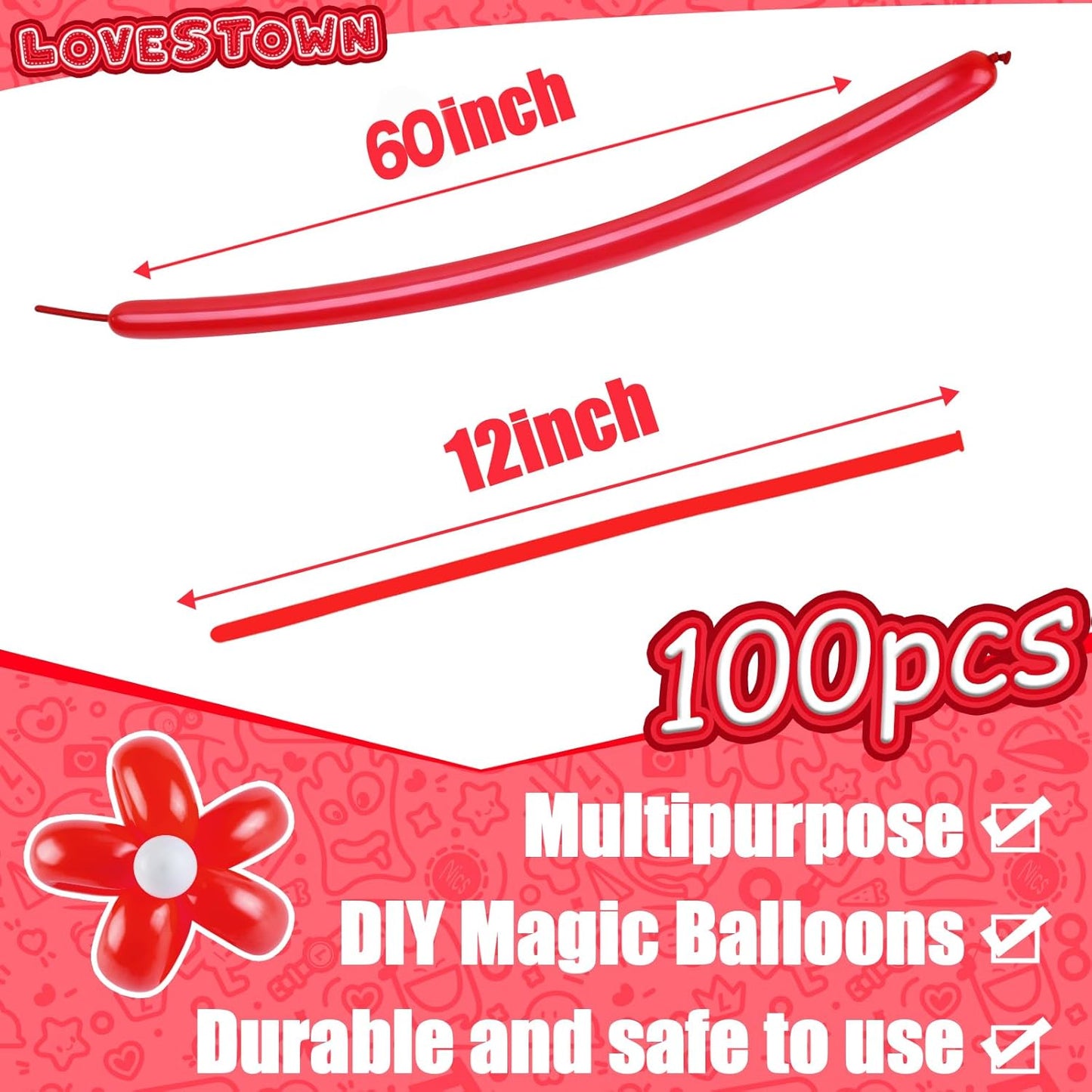 LovesTown 100PCS 260 Long Balloons, Red Twisting Latex Balloons for Magic Modeling Animal Weddings Birthdays Festival Party Decoration