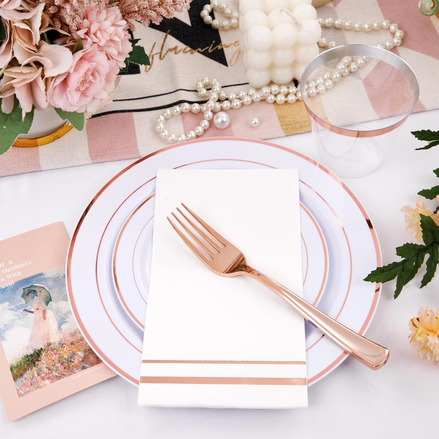 GATHER 350PCS Rose Gold Plastic Plates - Disposable Rose Gold Dinnerware Sets Includes 100 Gold Rimmed Plastic Plates, 150 Silverware, 50 Napkins, 50 Cups for Party, Wedding