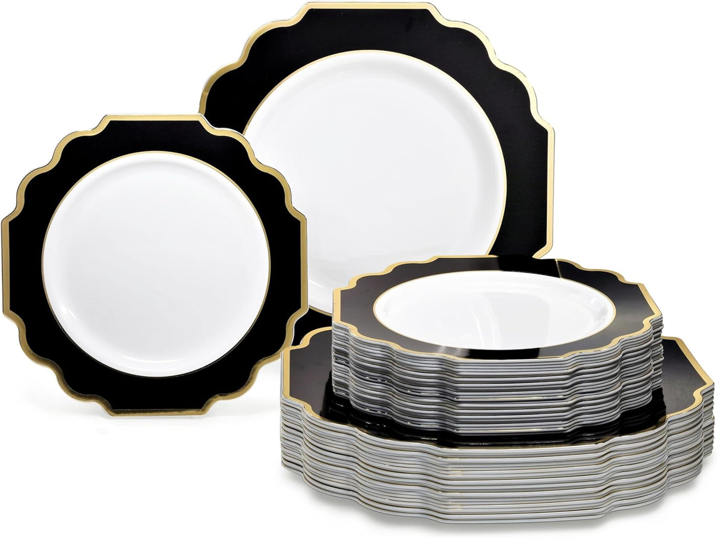 " OCCASIONS " 80 Plates Pack,(40 Guests) Heavyweight Premium Wedding Party Disposable Plastic Plates Set -40 x 10.5'' Dinner + 40 x 8'' Salad/Dessert (Imperial in Black & Gold)