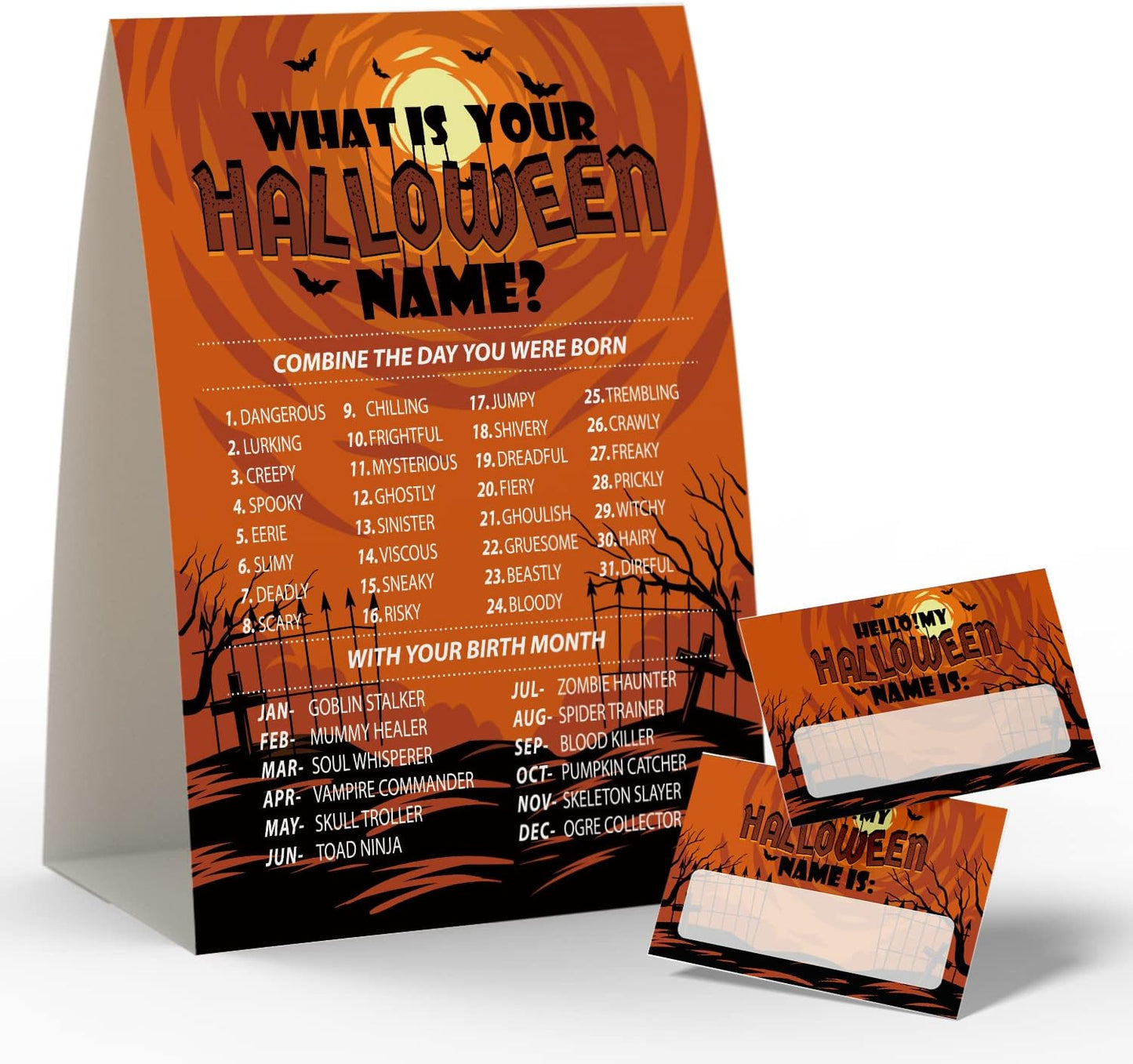 What's Your Halloween Name Game, Halloween Party Games, 50 Name Tag Stickers and One Sign, Birthday Party Games, Baby Shower Games - G041