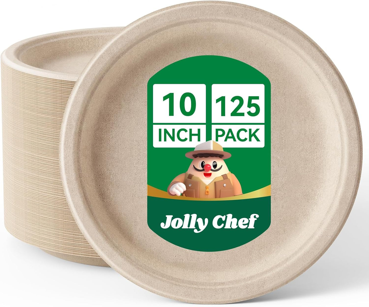 JOLLY CHEF Compostable Heavy Duty Plates 𝟭𝟬 𝗜𝗻𝗰𝗵 [𝟭𝟮𝟱 𝗣𝗮𝗰𝗸] Eco-Friendly Disposable Paper Plates Made of Bagasse Biodegradable Bulk for Party Dinner Sugarcane Thanksgiving Day (Natural)