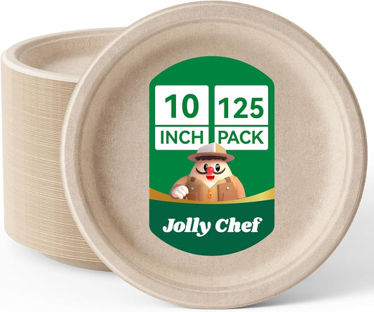 JOLLY CHEF Compostable Heavy Duty Plates 𝟭𝟬 𝗜𝗻𝗰𝗵 [𝟭𝟮𝟱 𝗣𝗮𝗰𝗸] Eco-Friendly Disposable Paper Plates Made of Bagasse Biodegradable Bulk for Party Dinner Sugarcane Thanksgiving Day (Natural)