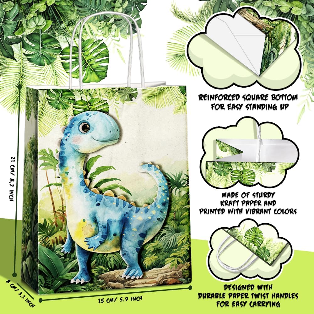 24 Pcs Dinosaur Party Favor Bags with Handles - T rex Goodie Bags Gift Bags. Dino Theme Candy Bags for Kids Boys, Kraft Paper Bags for Birthday Party Supplies, and Baby Shower Decorations.