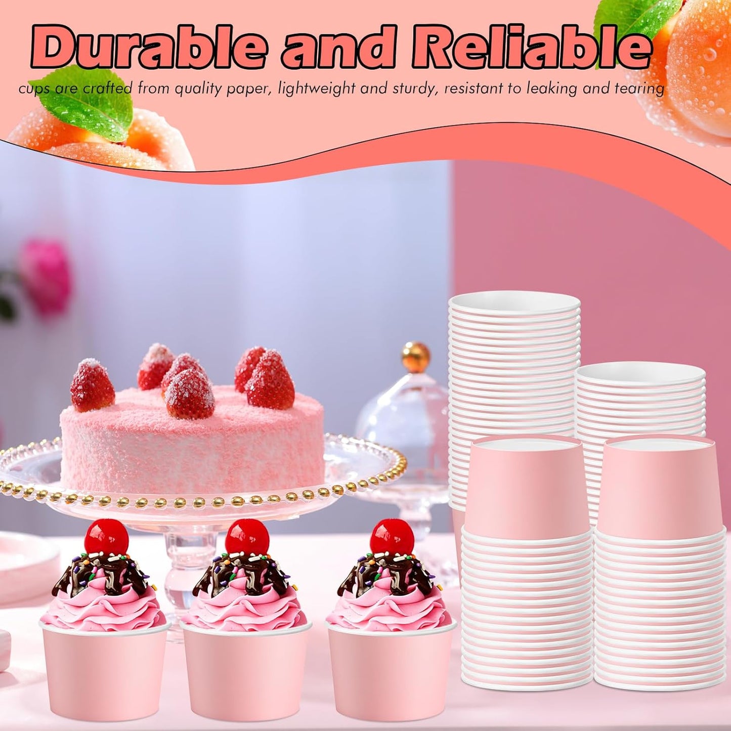 Paper Ice Cream Cups 9oz Colored Disposable Dessert Bowls for Hot or Cold Food Party Cups for Birthday Baby Shower Easter Party Supplies(Pink,60 Pcs)