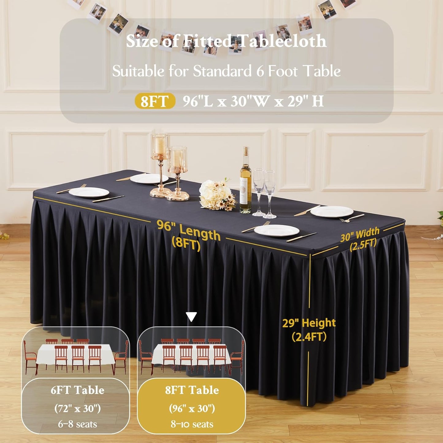 8 Pack Black Rectangle Tablecloth 8 FT Stretch Spandex Fitted Table Cloth for 8 Foot Rectangle Tables Banquet Tablecloths Wrinkle Free Table Cover Skirt Ruffle Tablecloth for Party Wedding Birthday