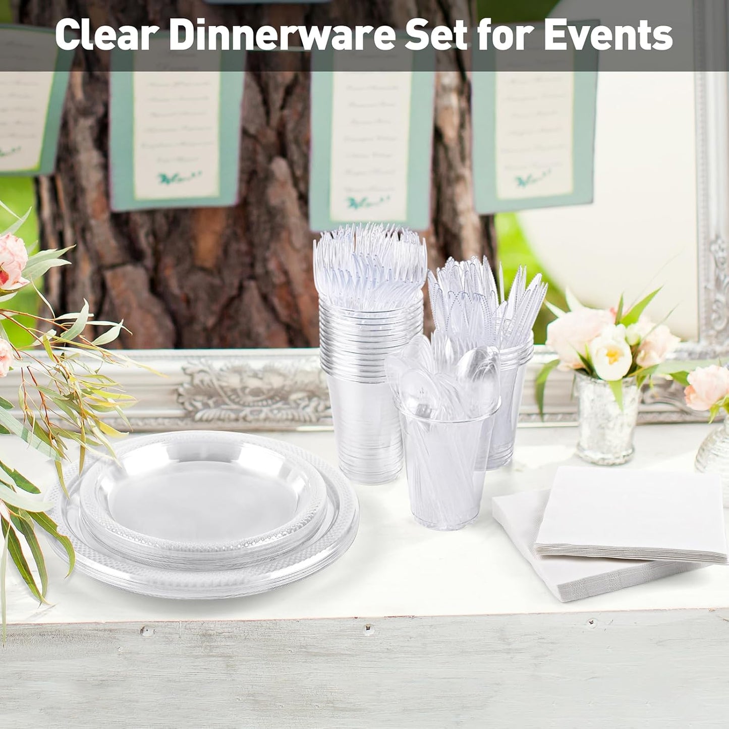 Aodaer 200 Pieces Clear Party Supplies Disposable Dinnerware Set Include Plastic Plates Cups Knives Forks Spoons Paper Napkins for Birthday Wedding Graduation Parties, Serve 25 Guests