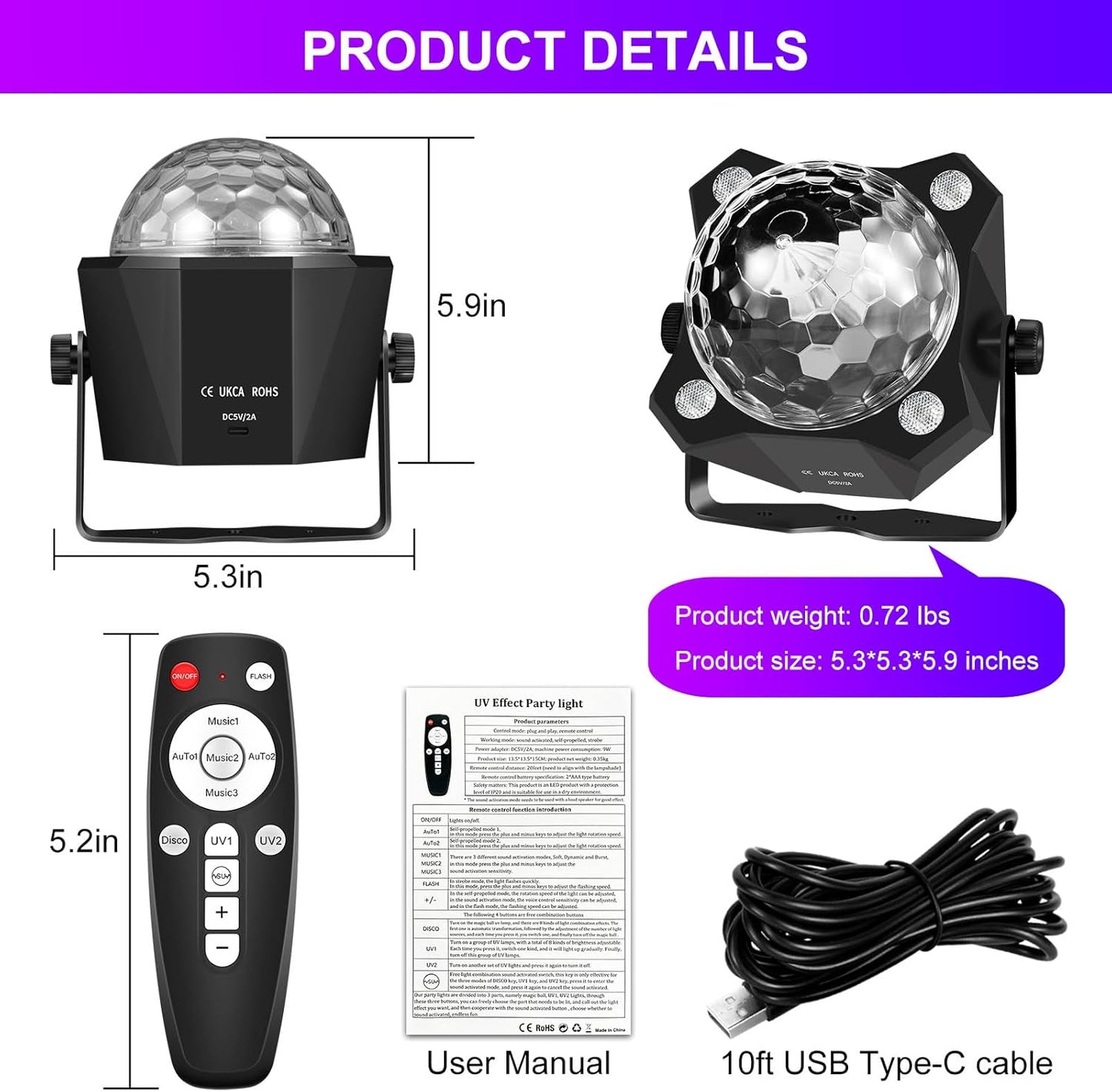 2 in 1 Glow Party Black Light Disco Ball Light with Sound Activated Strobe Dj Party Lights Black Lights, for Halloween Christmas Birthday Decor Classroom Room Family Party Decor