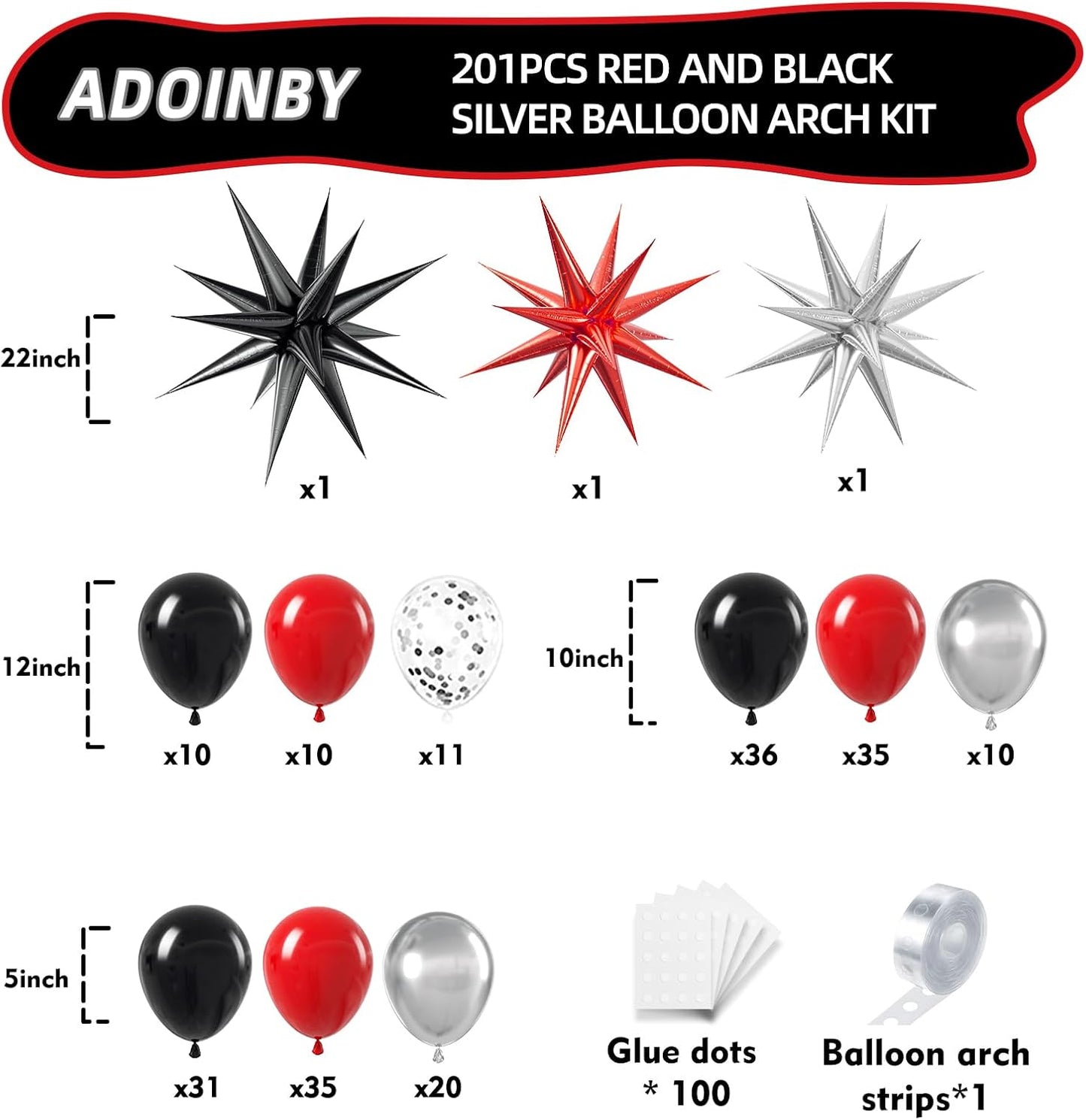 Red and Black Silver Balloon Arch Kit - 201Pcs Explosion Star Red Black Metallic Silver Balloon Garland kit Different Size Balloons for Anniversary Birthday Racing Car Poker Party Decoration