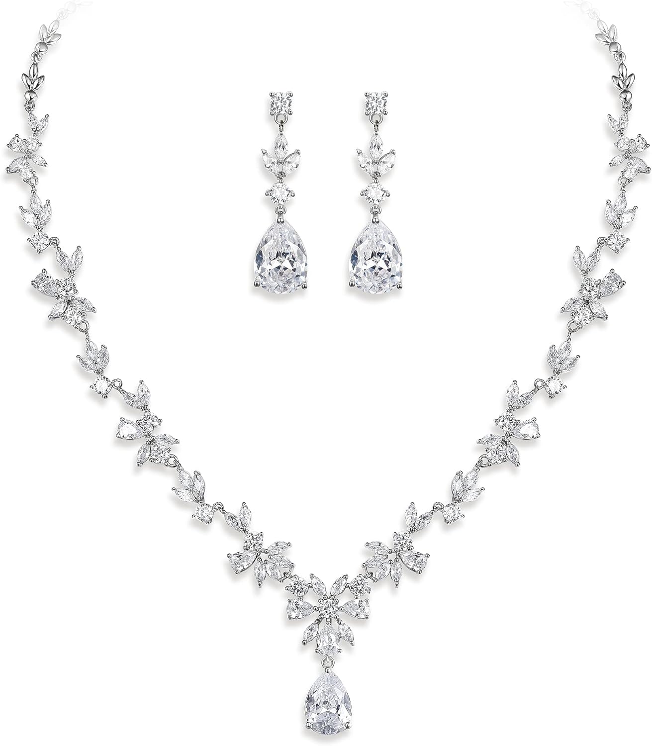 Crysdue Wedding Jewelry Set for Women, Floral Leaf Vine Teardrop Necklace Dangle Earrings Bracelet and Hair Comb, Cubic Zirconia Elegant Party Prom Jewellery for Bridal Bridesmaid