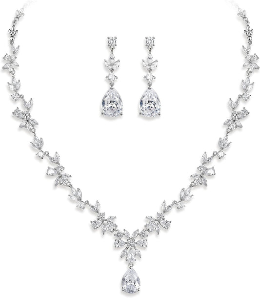 Crysdue Wedding Jewelry Set for Women, Floral Leaf Vine Teardrop Necklace Dangle Earrings Bracelet and Hair Comb, Cubic Zirconia Elegant Party Prom Jewellery for Bridal Bridesmaid