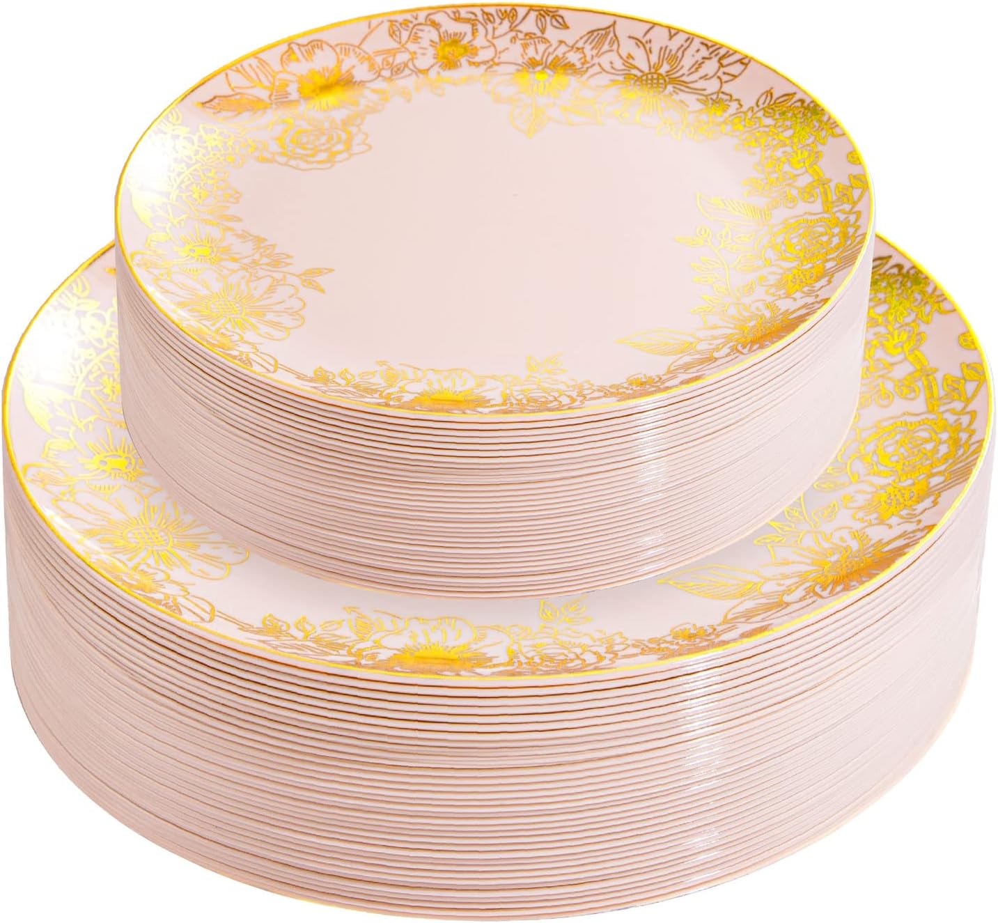 LIYH 60 Pcs Pink and Gold Plastic Plates - Disposable Pink Party Plates, Dessert & Dinner Plate, Baby Shower Bridal Shower Floral Fairy Plate for Birthday Tea Party