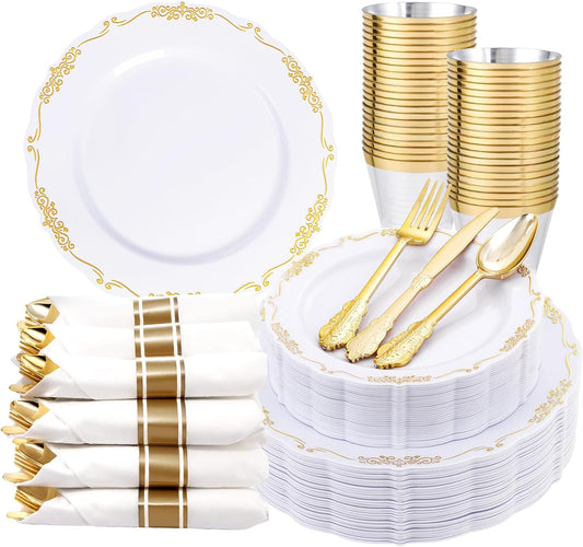 U-QE 175 Pieces Gold Plastic Plates and Napkins Party Supplies - White and Gold Dinnerware Set 25 Guest - 25 Dinner Plate, 25 Dessert Plates, 25 Per Rolled Napkins with Gold Cutlery, 25 Cups 9 OZ