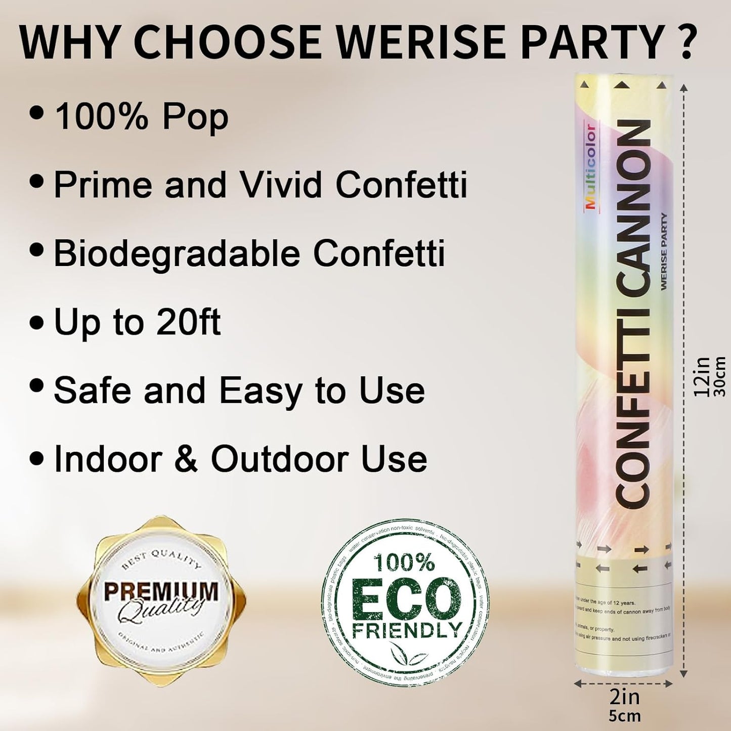 Confetti Poppers Biodegradable Confetti Cannon, 6 Pack WERISE Party Poppers Multicolor Confetti Shooters for Birthday, Christmas Eve, New Year Celebration and Wedding Parties 12 Inch