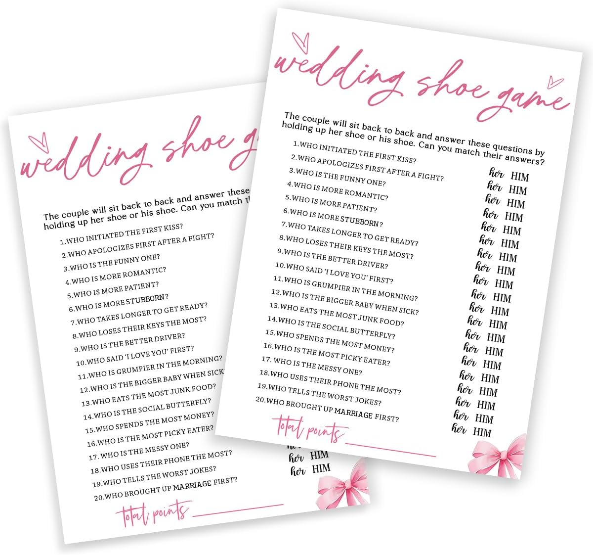 Wedding Shower Games Cards, Wedding Shoe Game, Bridal Shower Games 25 Guests, Engagement Party Wedding Games for Guests, Pink Ribbon Bow Wedding Party Supplies - E04