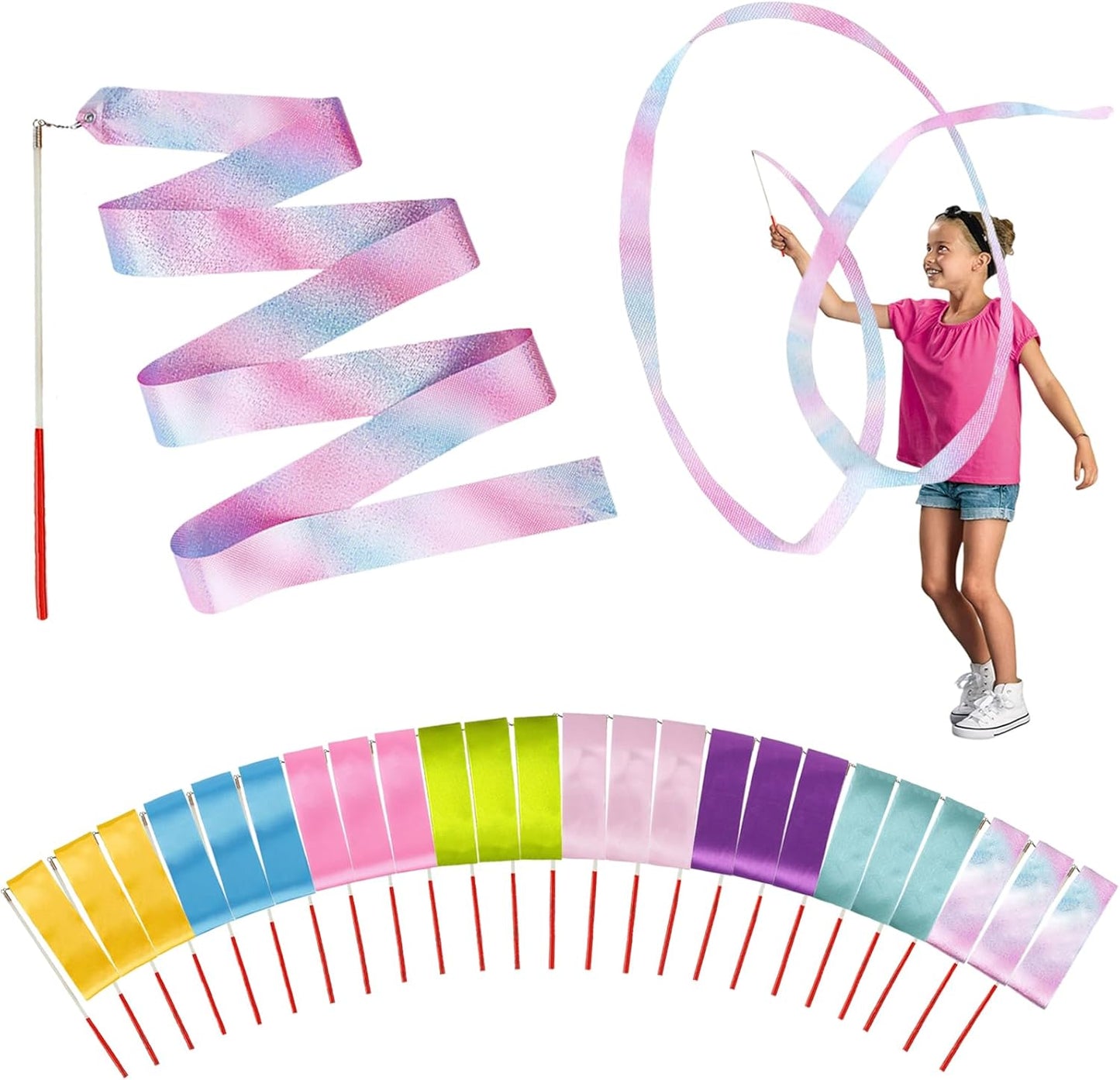 YANMIN Princess Party Favors - 24pcs Dance Ribbon Wand for Kids 4-8 8-12 Princess Mermaid Birthday Party Streamers Decorations Supplies Girls Princess Party Carnival Outdoor Games Goodie Bag Stuffers