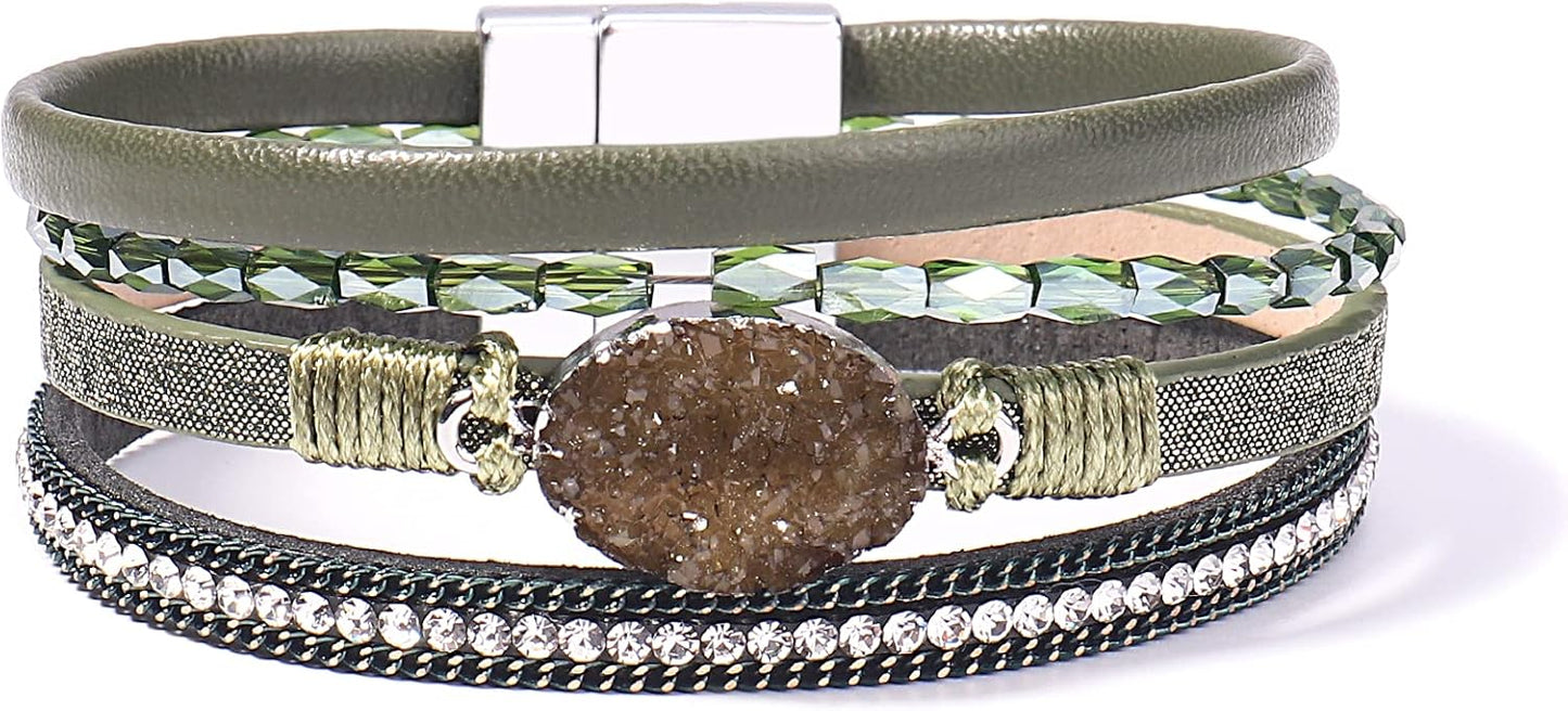 FANCY SHINY Leather Wrap Bracelet Boho Cuff Bangle Bracelets Crystal Bead Bracelet with Magnetic Clasp Jewelry Gifts for Women