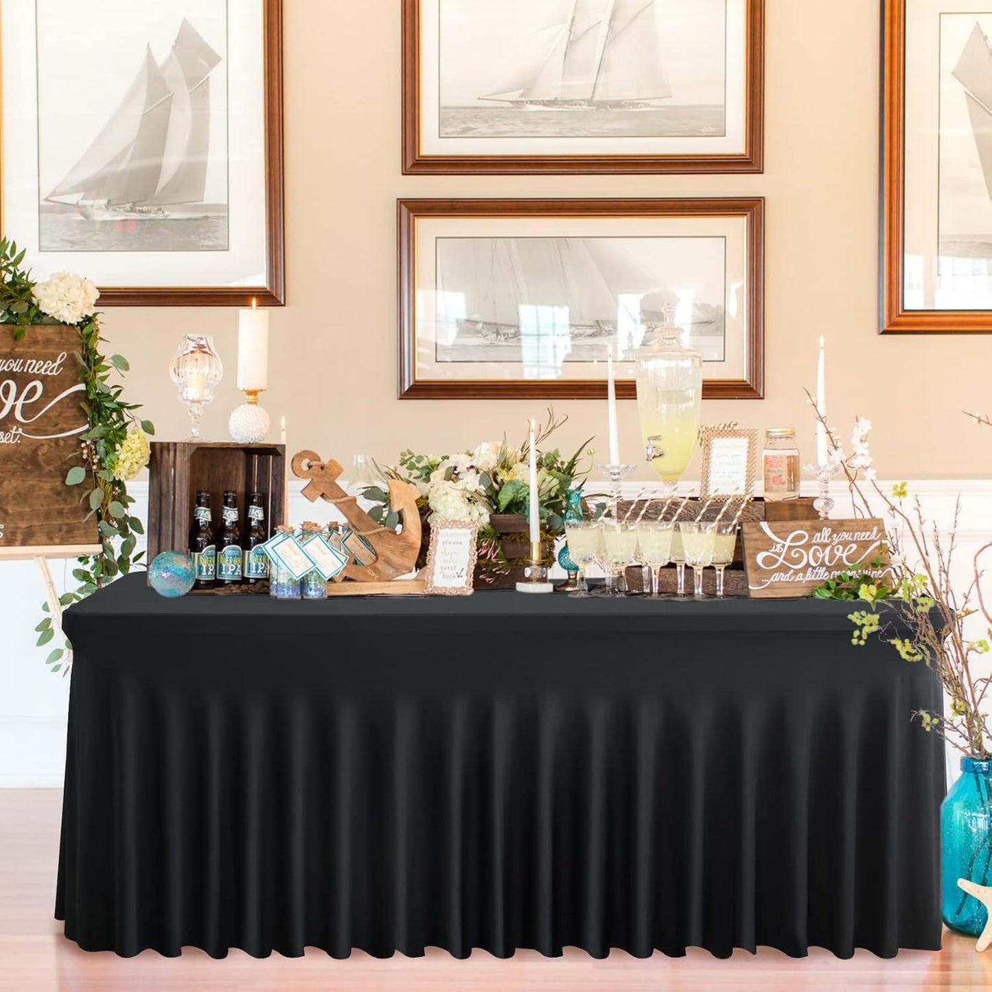 2 Pack Black Spandex Tablecloths for 4 ft Rectangle Tables, Wrinkle Free Fitted Table Covers 4 Foot StretchyTable Cloth with Skirt for Parties Weddings Birthday Banquet Baby Shower