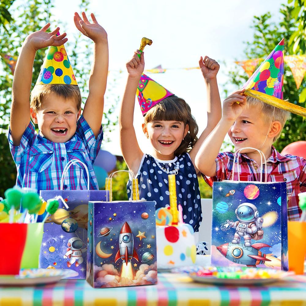 24 Pcs Astronaut Party Favor Bags with Handles - Space Galaxy Themed Solar Eclipse Goodie Gift Candy Kraft Paper Bags for Kids Birthday Party Supplies Decorations