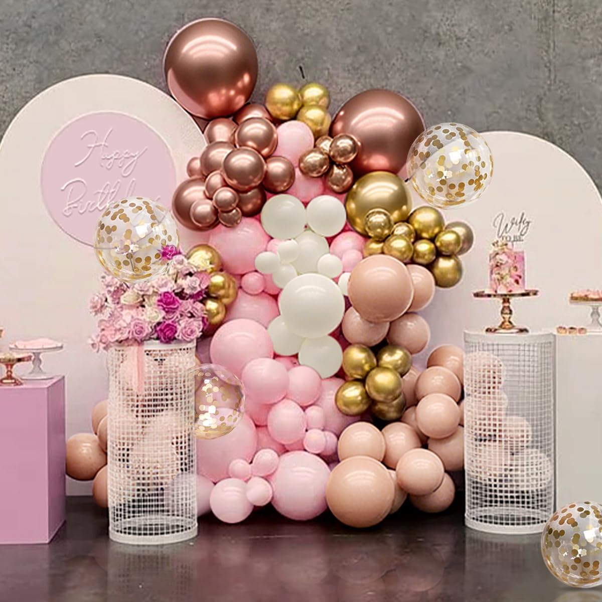 Rose Gold Balloon Arch Kit, 147Pcs Metallic Gold White Pastel Nude Pink and Rose Gold Balloons Garland with Confetti for Wedding Bridal Baby Shower Princess Girl Birthday Party Decorations