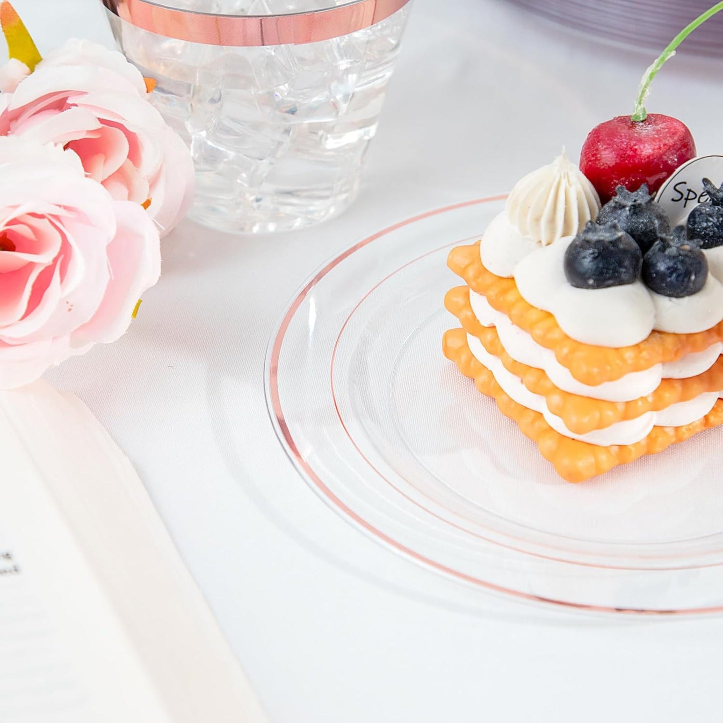 GATHER 350PCS Rose Gold Plastic Plates - Disposable Rose Gold Dinnerware Includes 100 Clear Rose Golds Rimmed Plastic Plates, 150 Silverware, 50 Napkins, 50 Cups for Party, Wedding