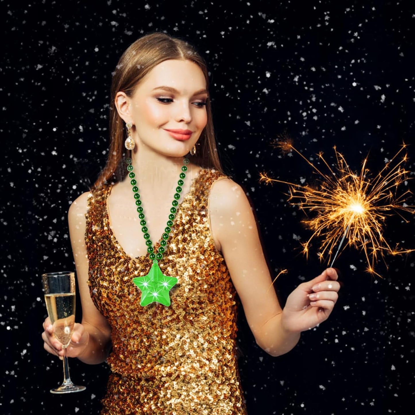 6 Pack Green LED Glow Star Necklace Bulk Beaded Necklaces for Christmas Decorations Mardi Gras Party Favors
