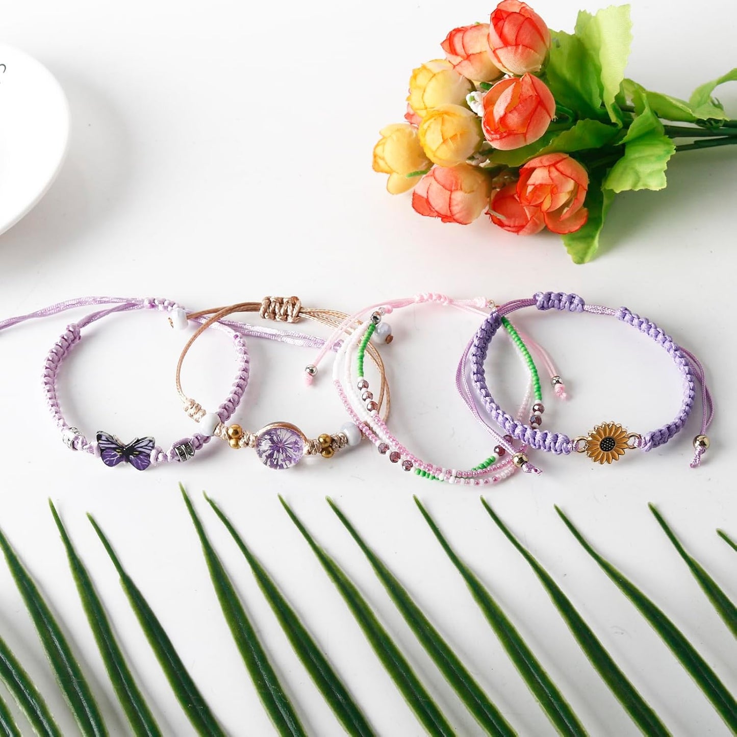 DS 4PCS String beads Charm Bracelets for Teen Girls Dainty cute cartoon Butterfly Daisy Eternal flower Beads Bracelets set for woman and girls Adjustable Stretch bracelet birthday Gift For Friends